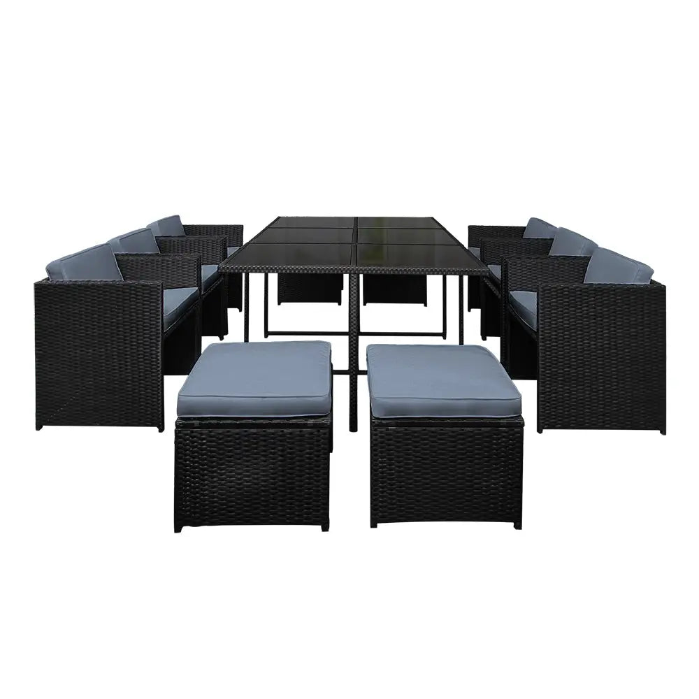 Gardeon Outdoor Dining Set 11 Piece Wicker Table Chairs Setting Black - Furniture > Outdoor