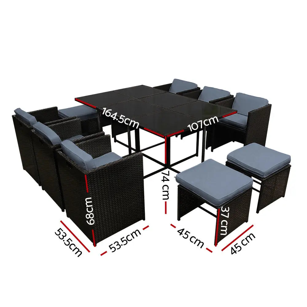 Gardeon Outdoor Dining Set 11 Piece Wicker Table Chairs Setting Black - Furniture > Outdoor