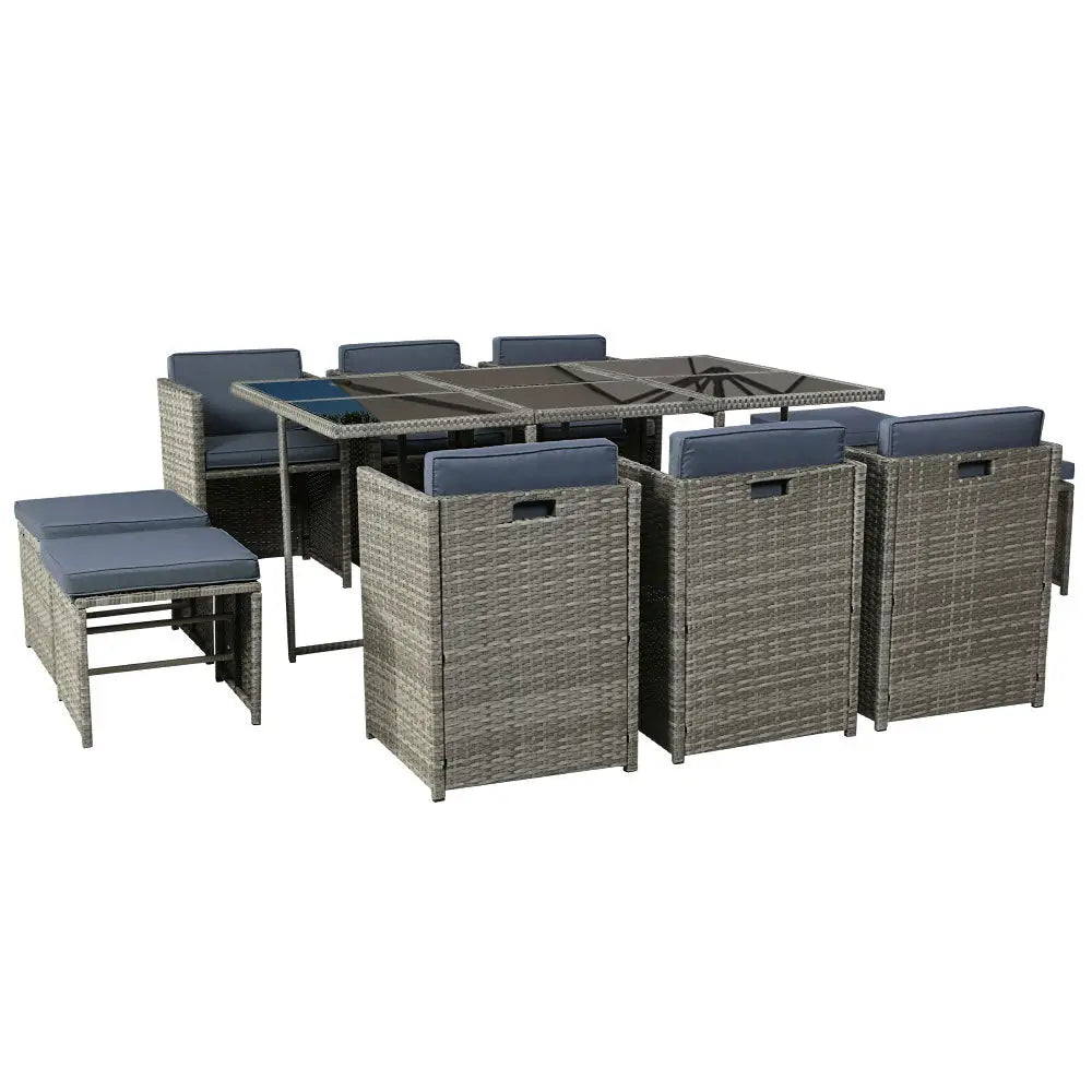 Gardeon Outdoor Dining Set 11 Piece Wicker Table Chairs Setting Grey - Furniture > Outdoor > Outdoor Chairs