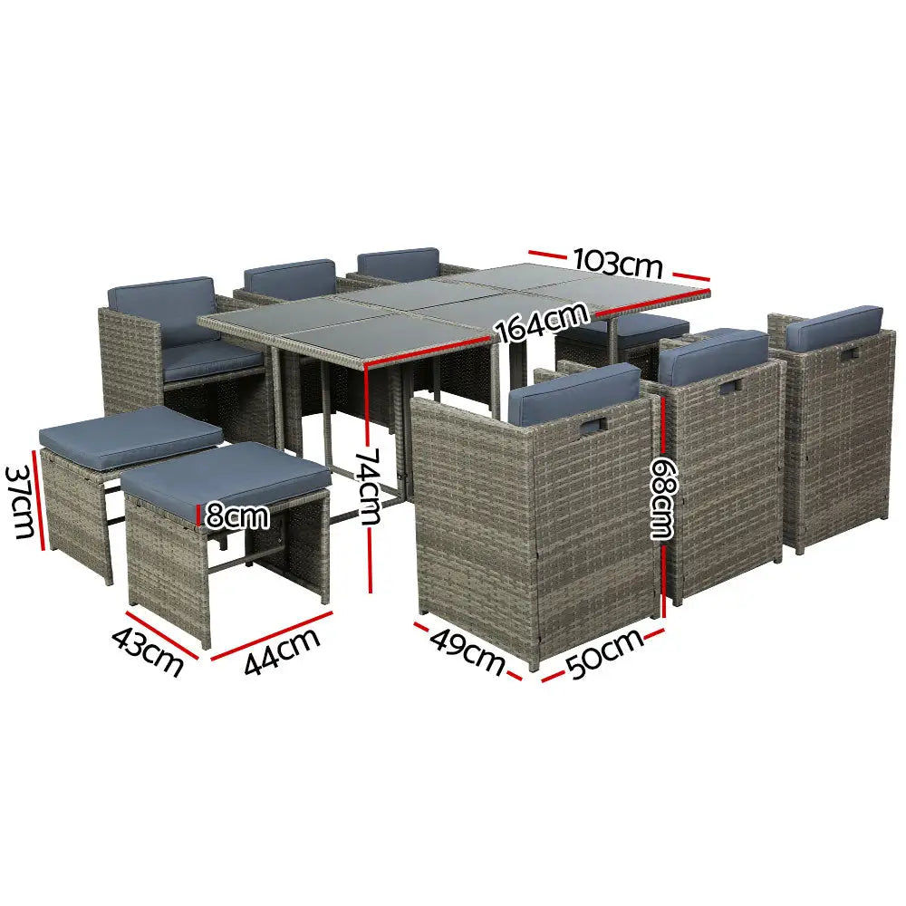 Gardeon Outdoor Dining Set 11 Piece Wicker Table Chairs Setting Grey - Furniture > Outdoor > Outdoor Chairs