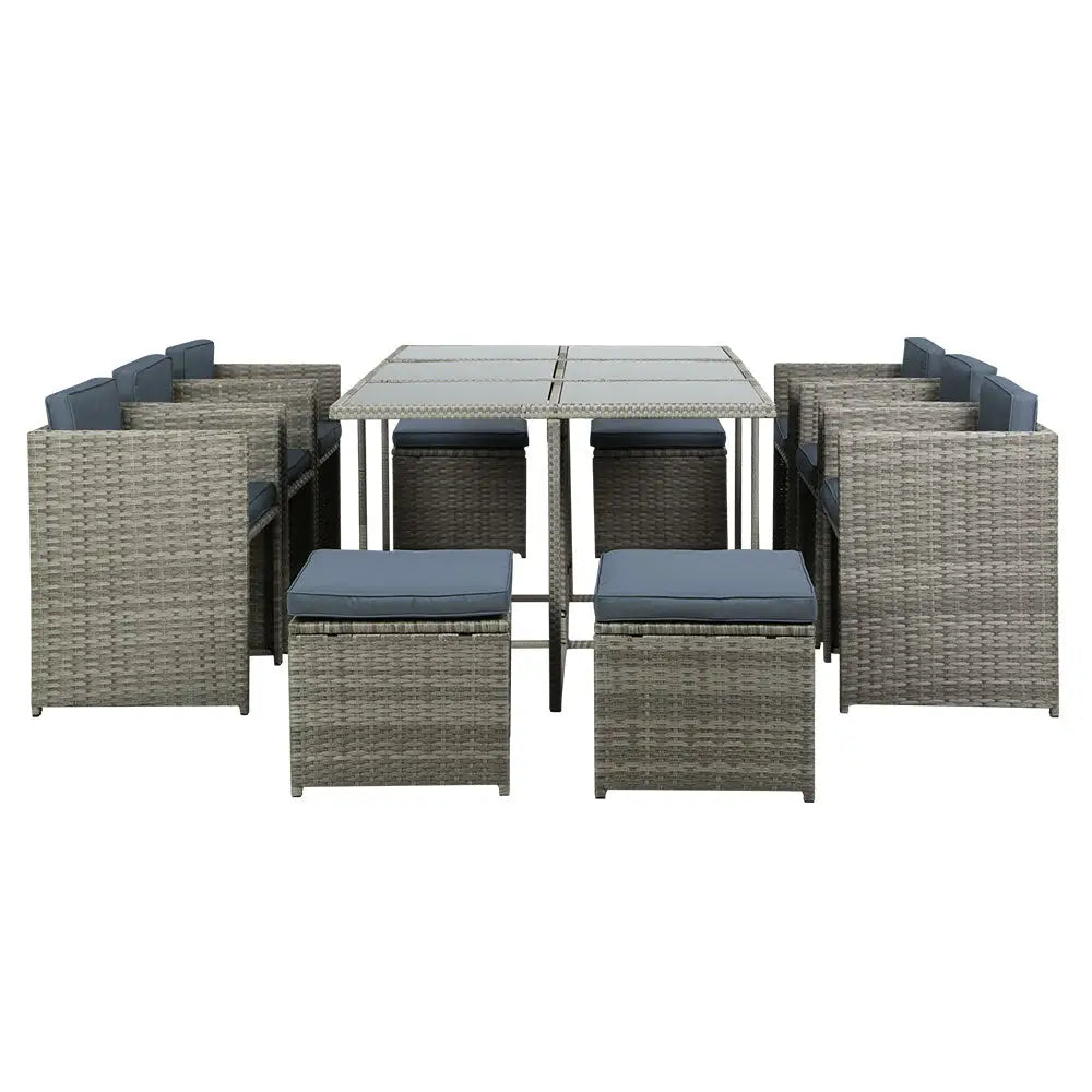 Gardeon Outdoor Dining Set 11 Piece Wicker Table Chairs Setting Grey - Furniture > Outdoor > Outdoor Chairs