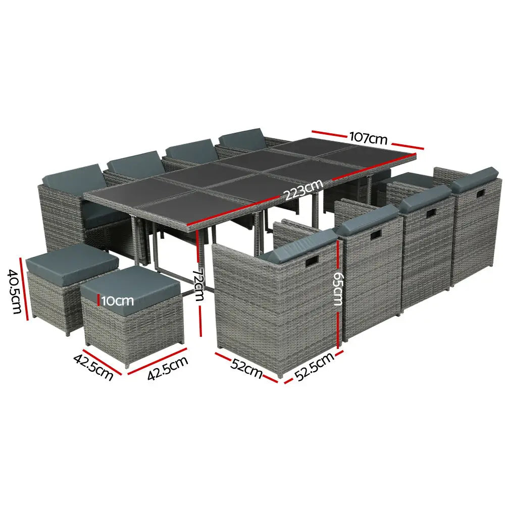 Gardeon Outdoor Dining Set 13 Piece Wicker Table Chairs Setting Grey - Furniture > Outdoor