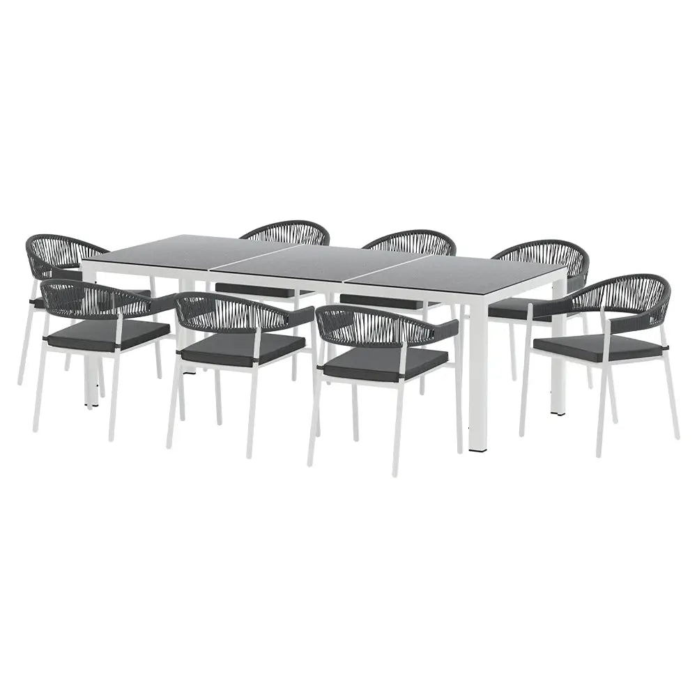 Gardeon Outdoor Dining Set 9 Piece Steel Table Chairs Setting White - Furniture > Outdoor