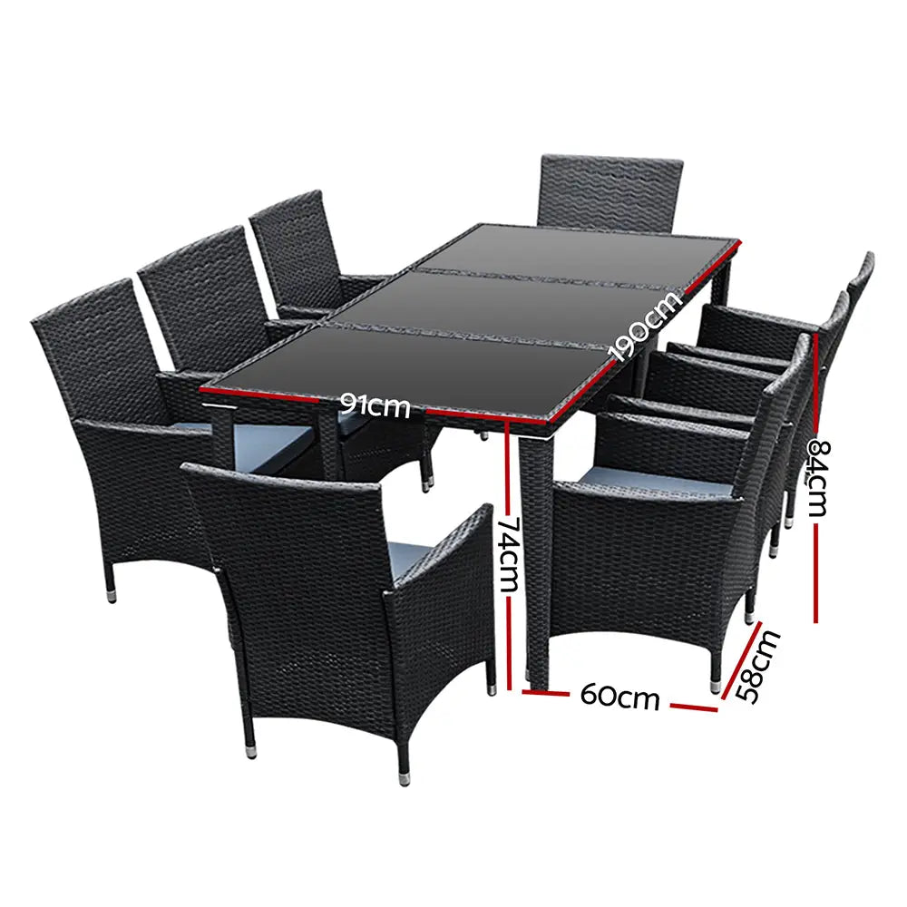 Gardeon Outdoor Dining Set 9 Piece Wicker Lounge Setting Black - Furniture > Outdoor