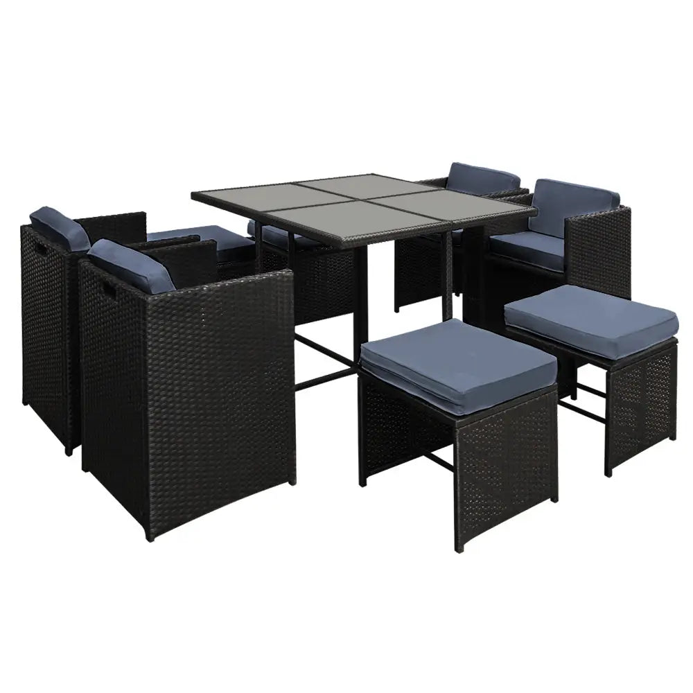 Gardeon Outdoor Dining Set 9 Piece Wicker Table Chairs Setting Black - Furniture > Dining