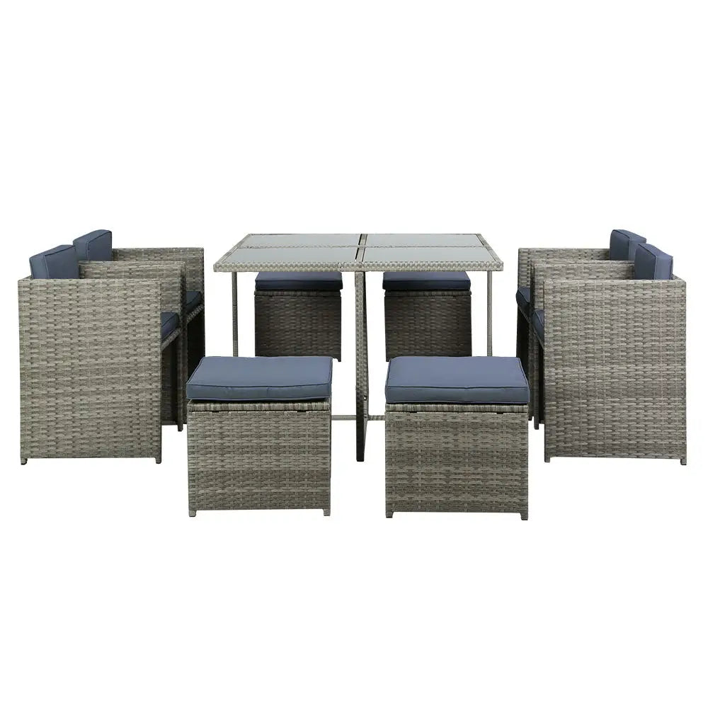 Gardeon Outdoor Dining Set 9 Piece Wicker Table Chairs Setting Grey - Furniture > Outdoor > Outdoor Chairs