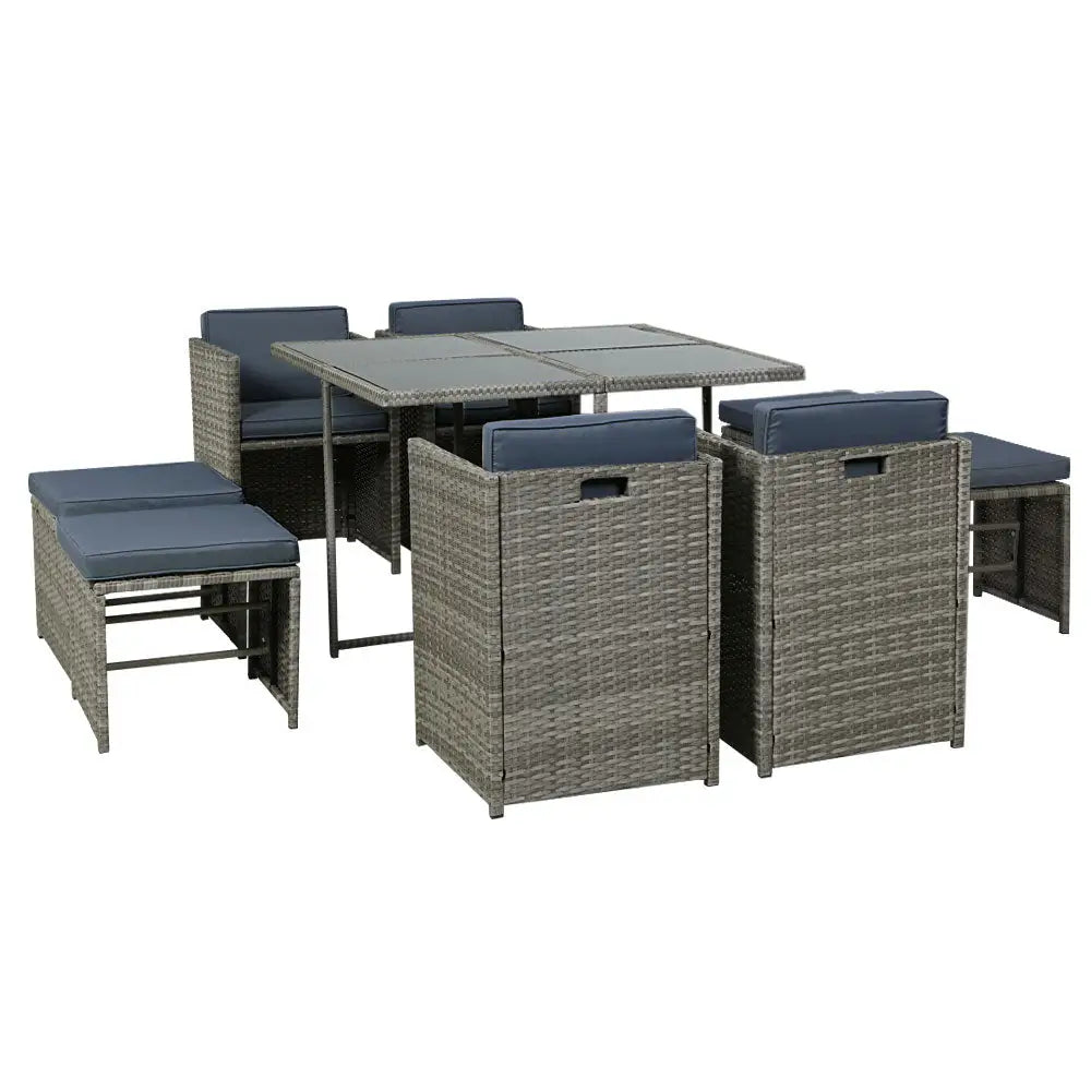 Gardeon Outdoor Dining Set 9 Piece Wicker Table Chairs Setting Grey - Furniture > Outdoor > Outdoor Chairs