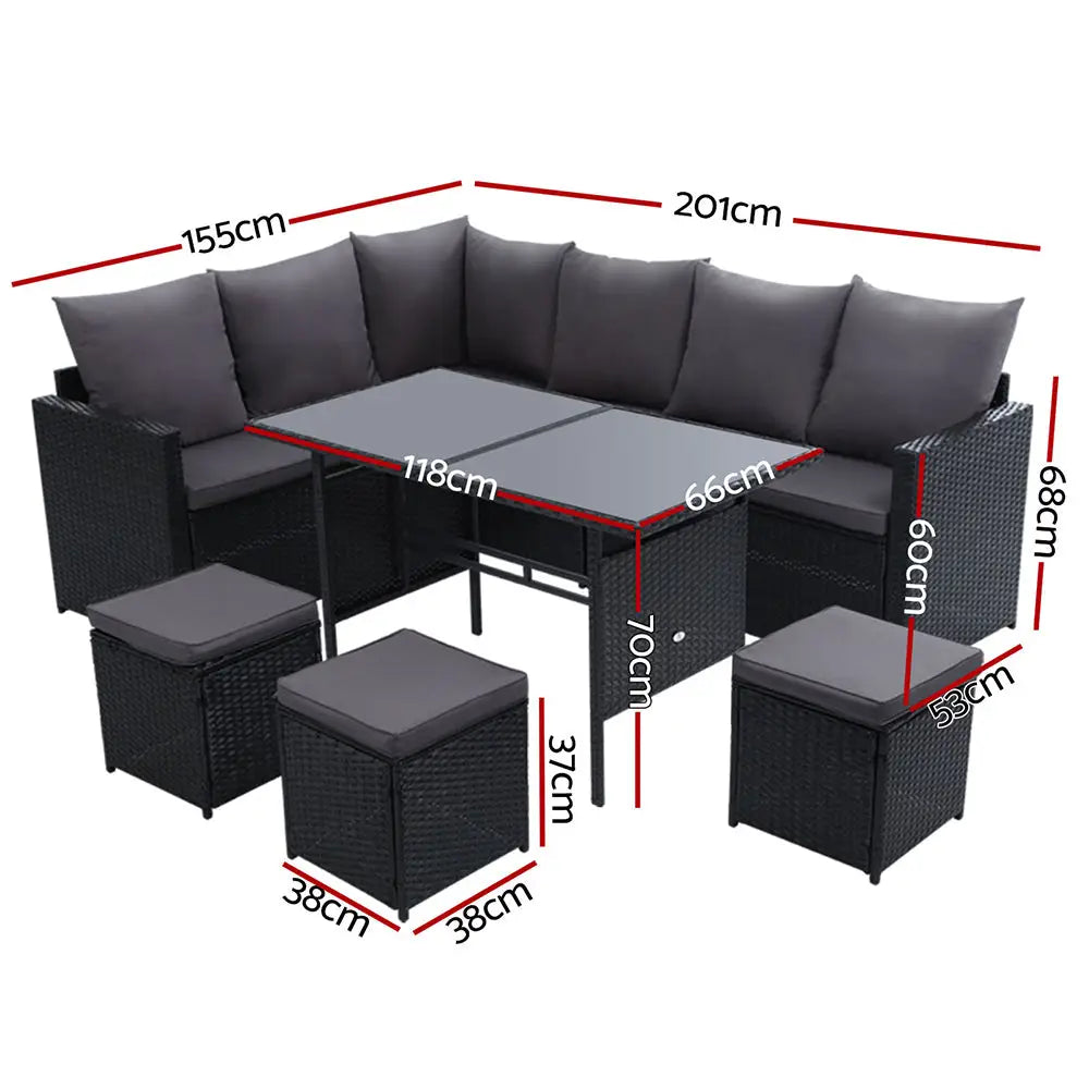 Gardeon Outdoor Dining Set Sofa Lounge Setting Chairs Table Black Cover - Furniture > Outdoor > Outdoor Chairs