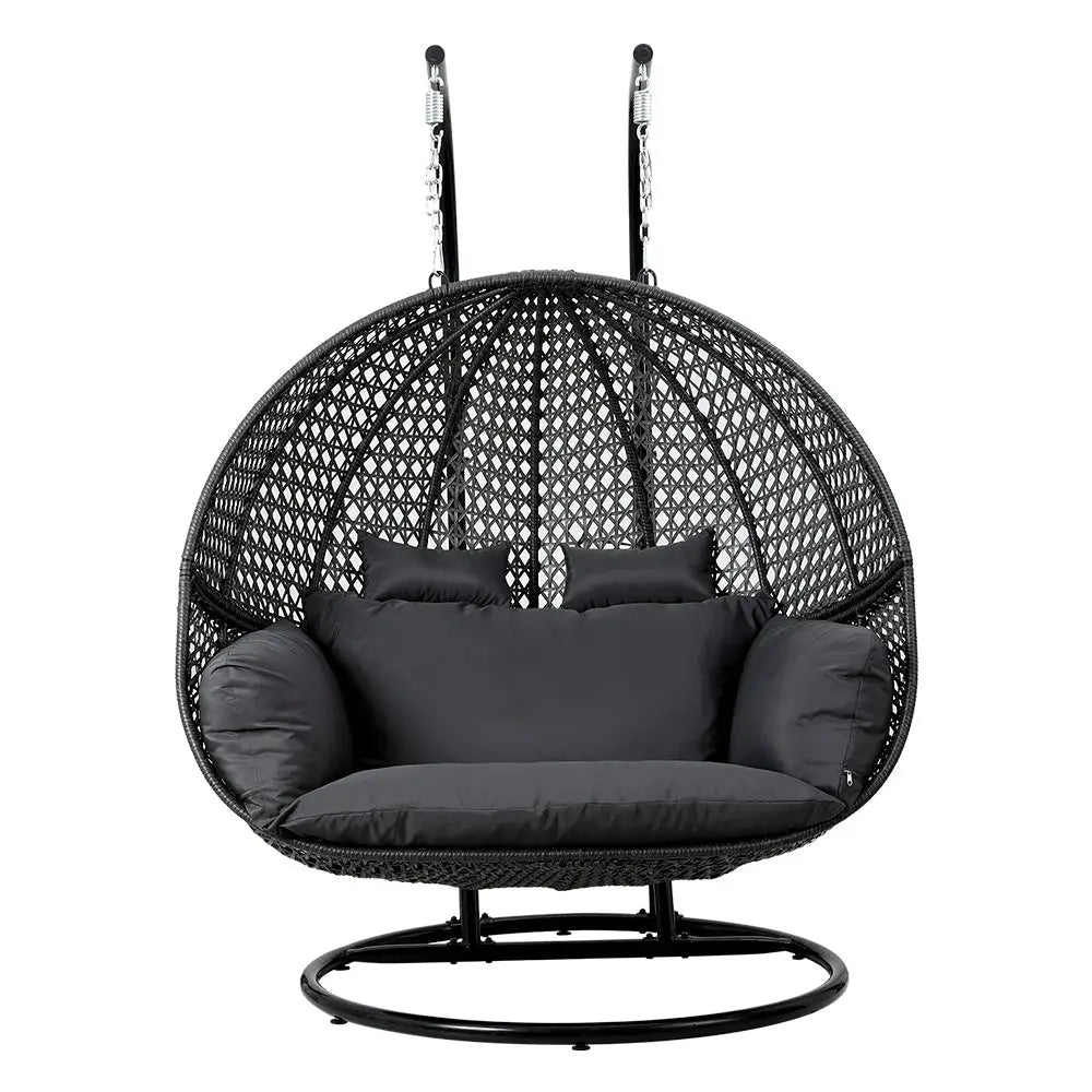 Gardeon Outdoor Egg Swing Chair Hanging Pod Chair Wicker Cushion 2 Person Grey - Home & Garden > Garden Furniture