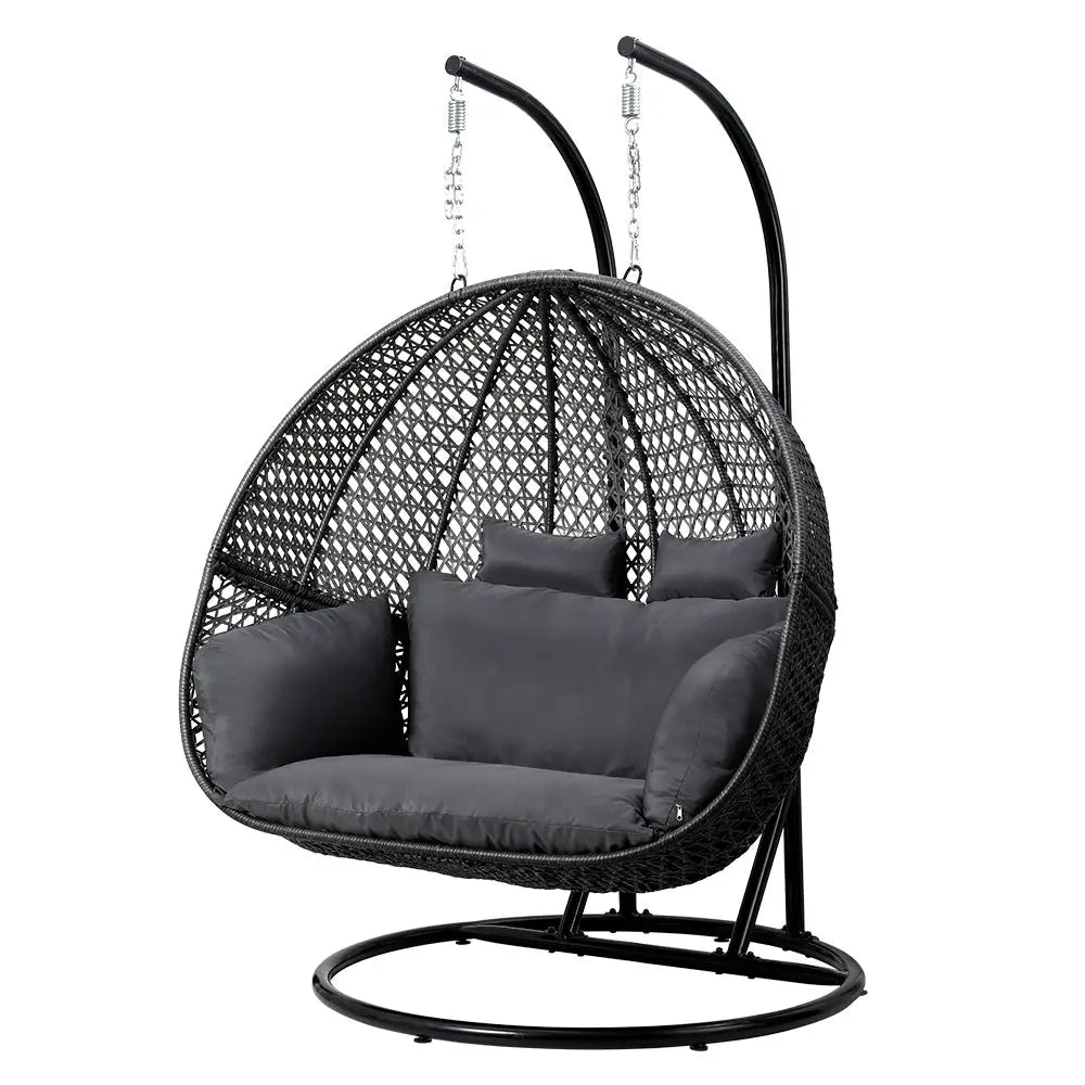 Gardeon Outdoor Egg Swing Chair Hanging Pod Chair Wicker Cushion 2 Person Grey - Home & Garden > Garden Furniture