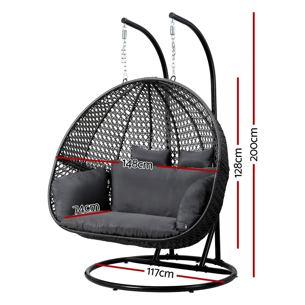 Gardeon Outdoor Egg Swing Chair Hanging Pod Chair Wicker Cushion 2 Person Grey - Home & Garden > Garden Furniture