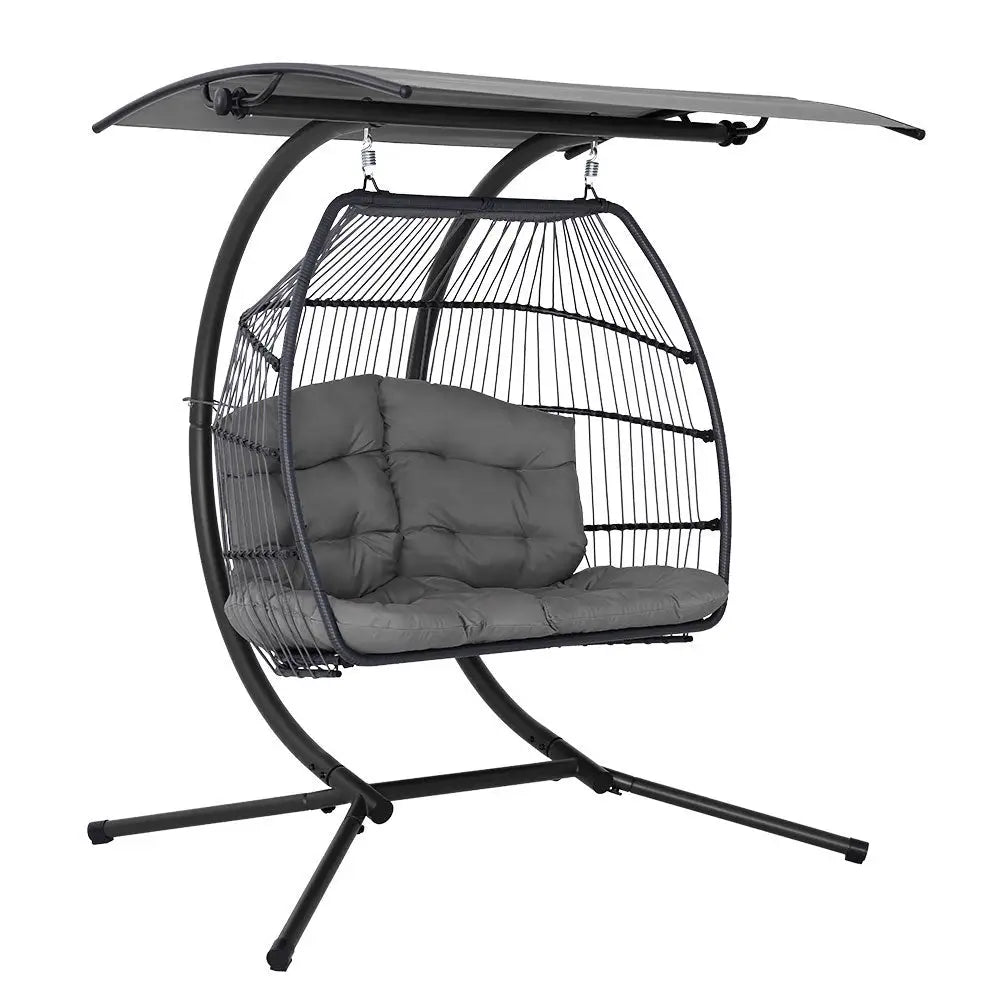 Gardeon Outdoor Egg Swing Chair Wicker Furniture Pod Stand Canopy 2 Seater Grey - Furniture > Outdoor