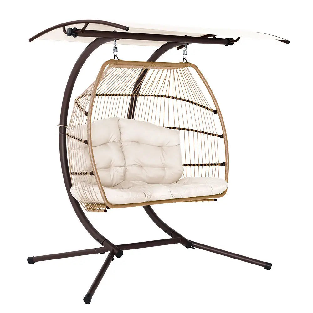 Gardeon Outdoor Egg Swing Chair Wicker Furniture Pod Stand Canopy 2 Seater Latte - Furniture > Outdoor