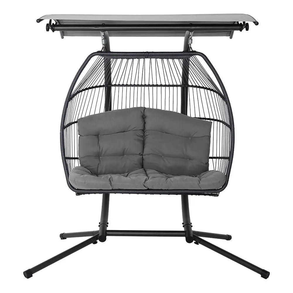 Gardeon Outdoor Egg Swing Chair Wicker Furniture Pod Stand Canopy 2 Seater Grey - Furniture > Outdoor