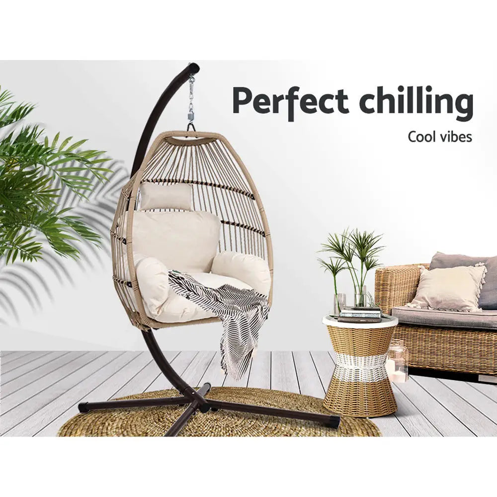 Gardeon Outdoor Egg Swing Chair Wicker Rope Furniture Pod Stand Cushion Latte - Furniture > Outdoor