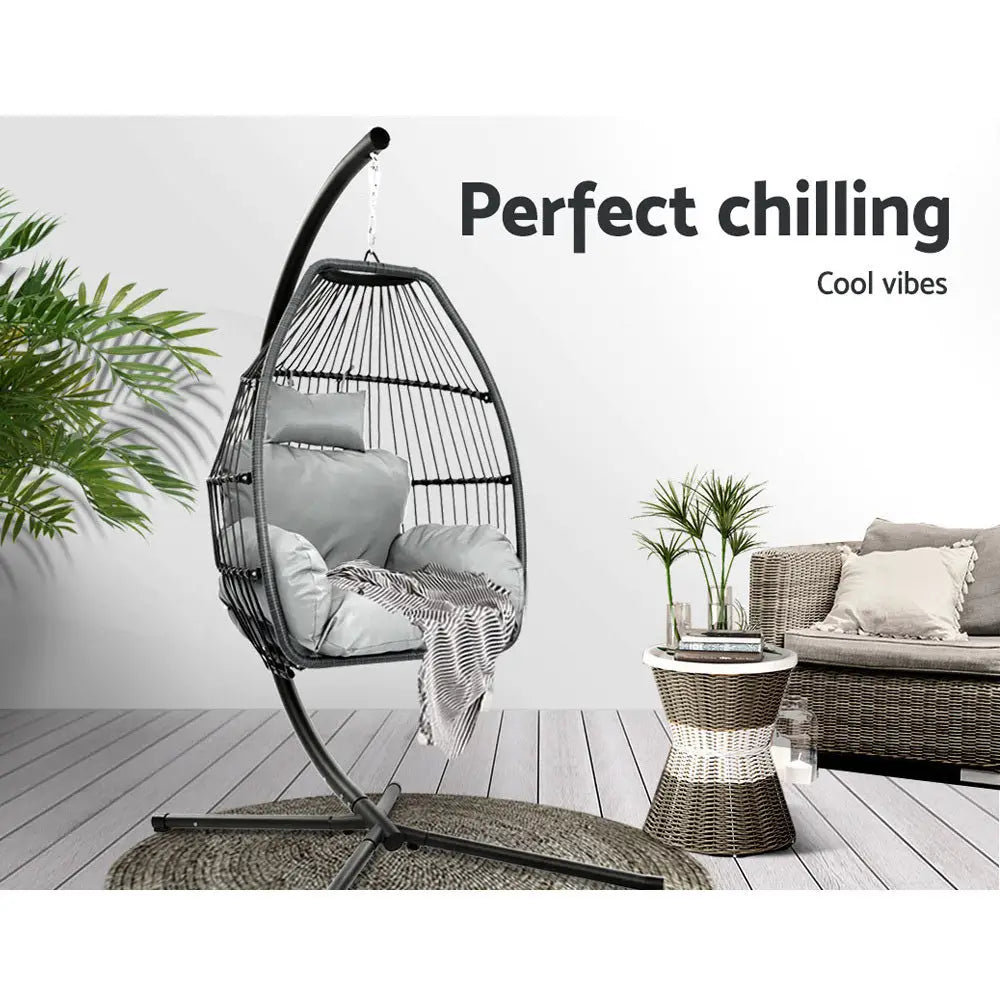 Gardeon Outdoor Egg Swing Chair Wicker Rope Furniture Pod Stand Cushion Grey - Furniture > Outdoor