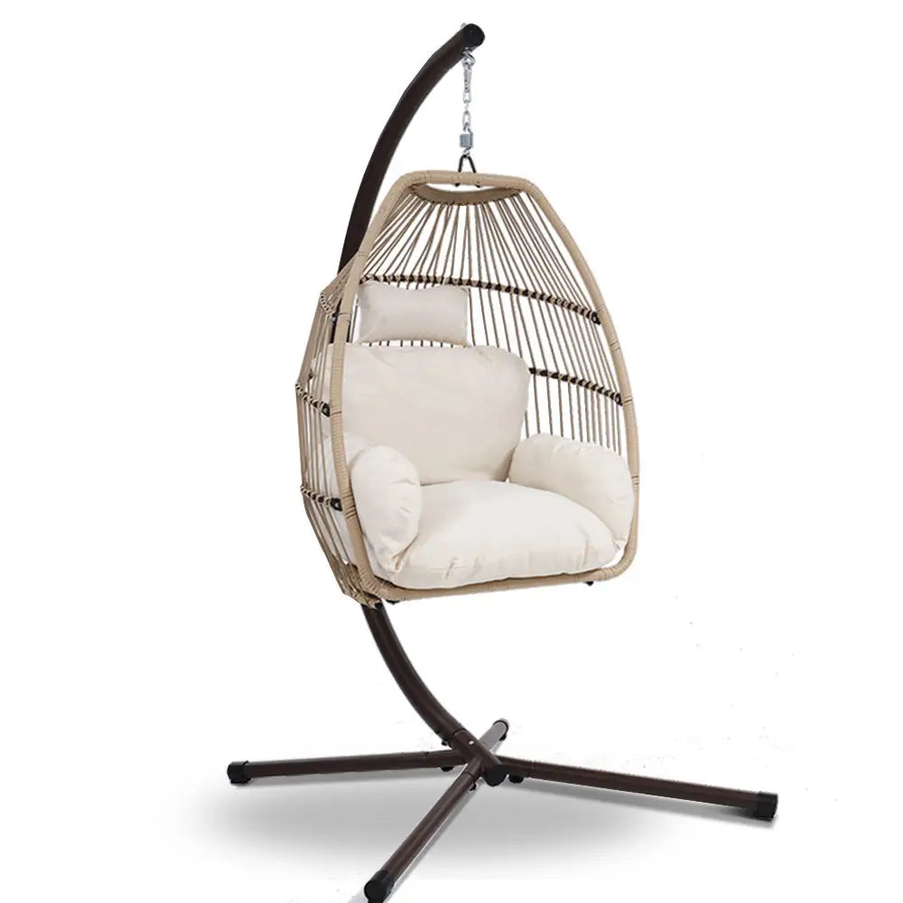 Gardeon Outdoor Egg Swing Chair Wicker Rope Furniture Pod Stand Cushion Latte - Furniture > Outdoor