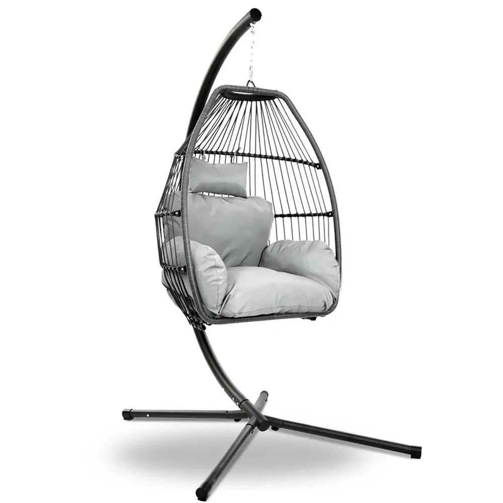 Gardeon Outdoor Egg Swing Chair Wicker Rope Furniture Pod Stand Cushion Grey - Furniture > Outdoor