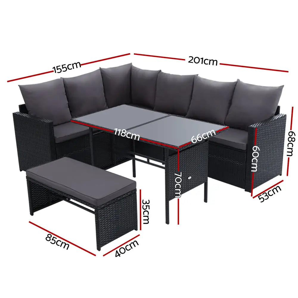 Gardeon Outdoor Furniture Dining Setting Sofa Set Lounge Wicker 8 Seater Black - Furniture > Outdoor