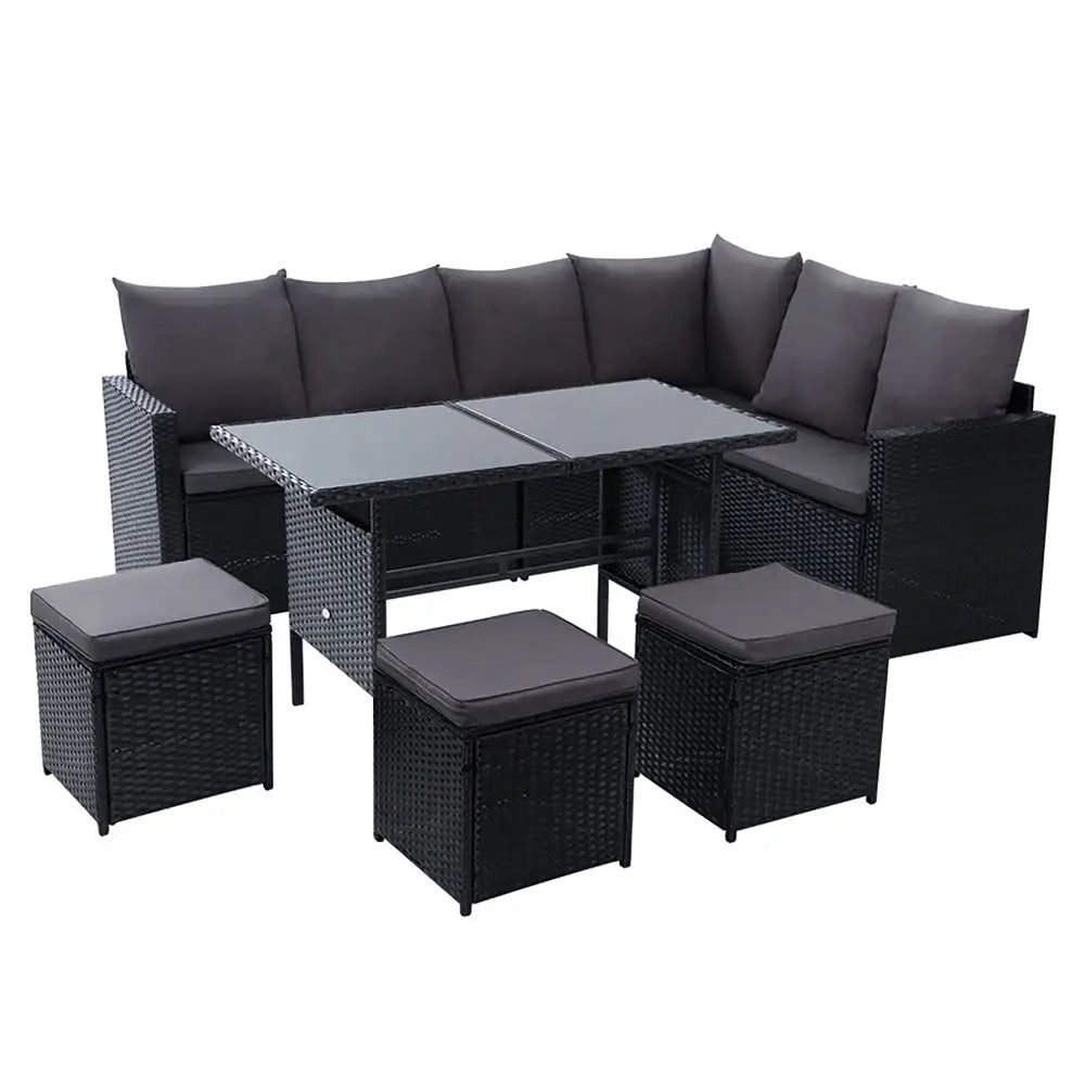 Gardeon Outdoor Furniture Dining Setting Sofa Set Lounge Wicker 9 Seater Black - Furniture > Outdoor