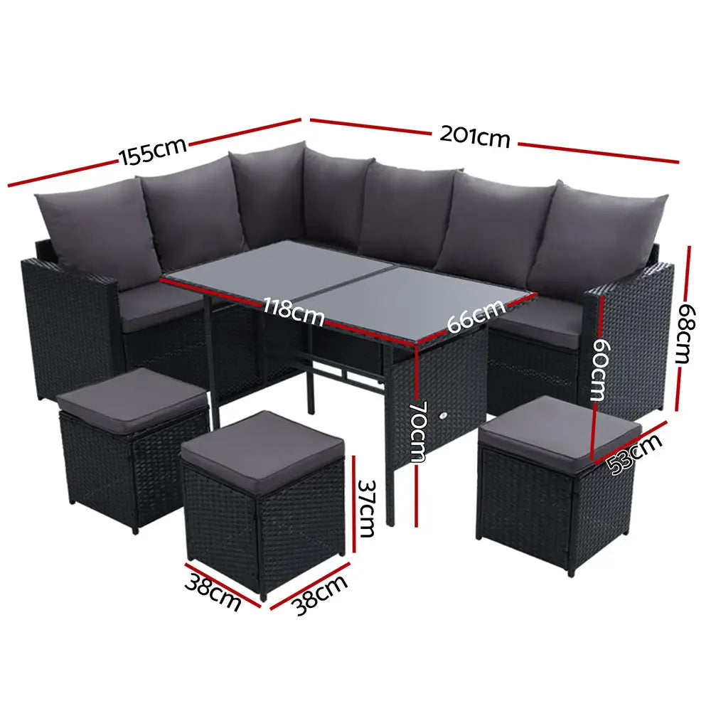 Gardeon Outdoor Furniture Dining Setting Sofa Set Lounge Wicker 9 Seater Black - Furniture > Outdoor