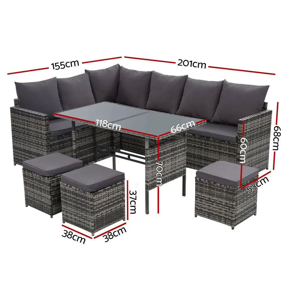 Gardeon Outdoor Furniture Dining Setting Sofa Set Lounge Wicker 9 Seater Mixed Grey - Furniture > Outdoor