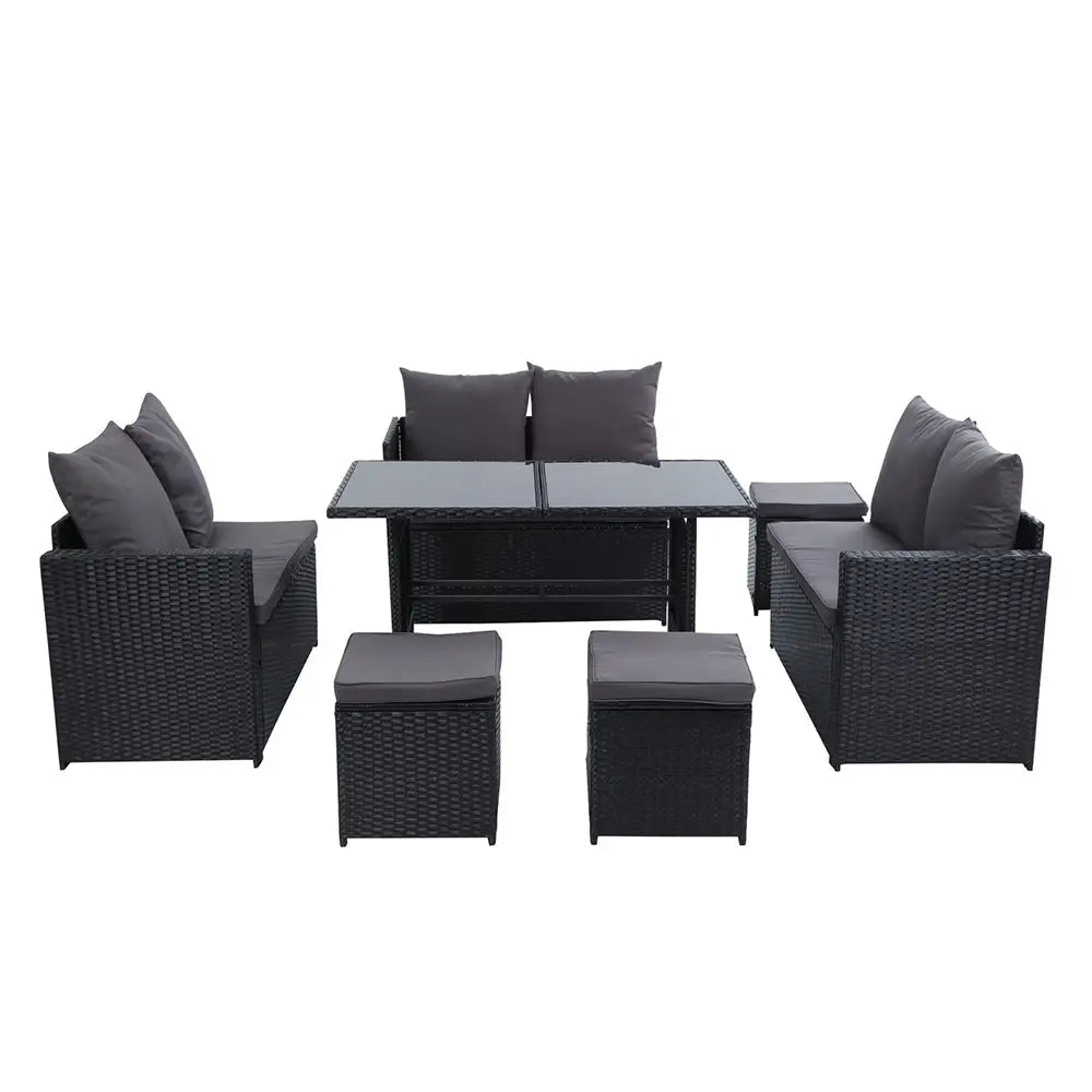 Gardeon Outdoor Furniture Dining Setting Sofa Set Lounge Wicker 9 Seater Black - Furniture > Outdoor