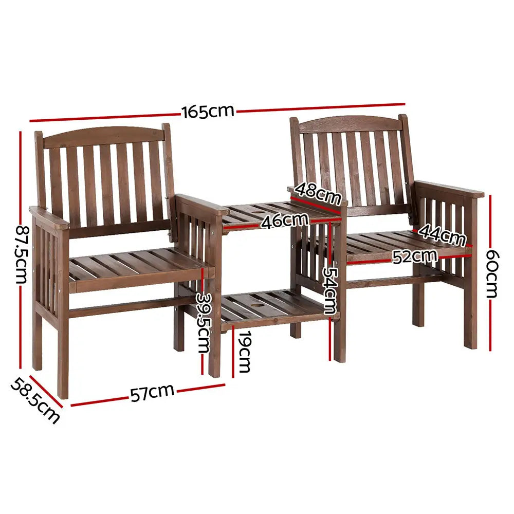 Gardeon Outdoor Garden Bench Loveseat Wooden Table Chairs Patio Furniture Brown - Furniture > Outdoor