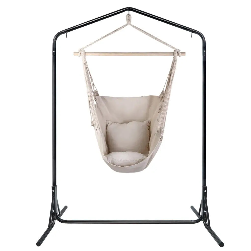 Gardeon Outdoor Hammock Chair with Stand Hanging Hammock with Pillow Cream - Furniture > Outdoor