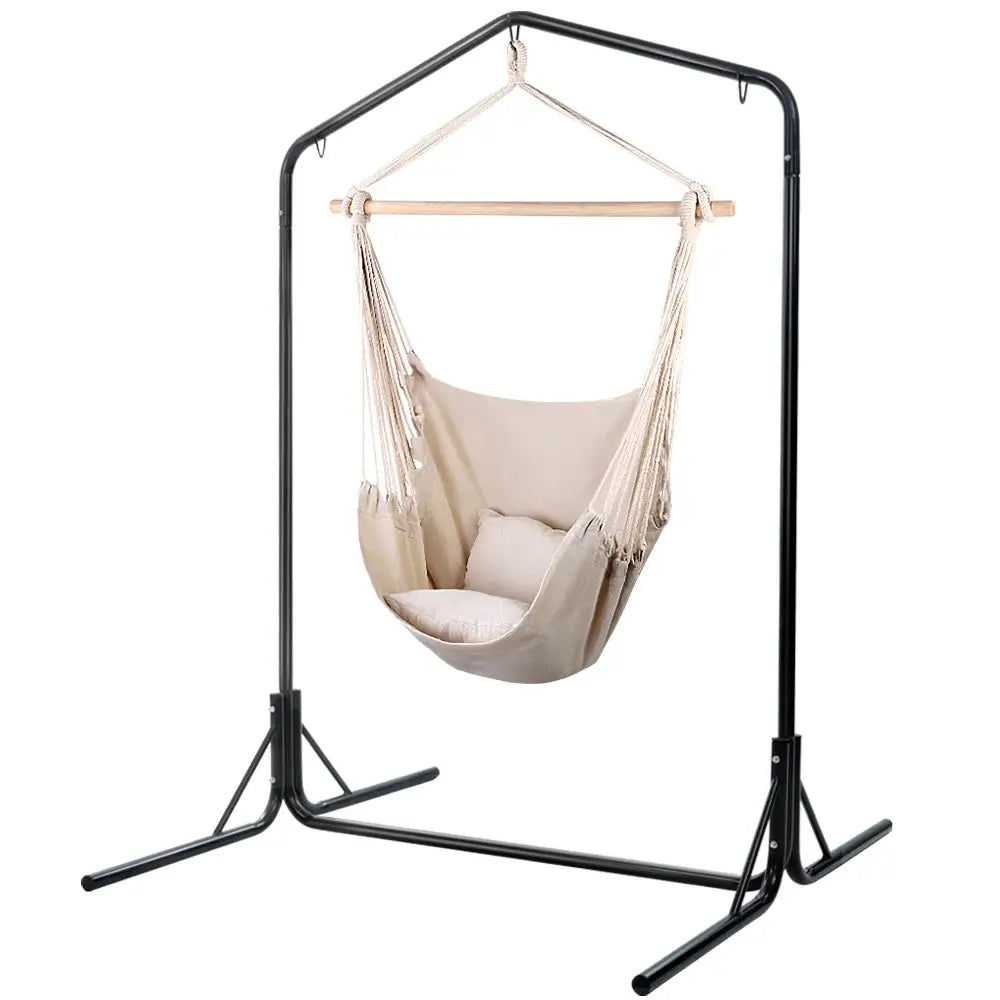 Gardeon Outdoor Hammock Chair with Stand Hanging Hammock with Pillow Cream - Furniture > Outdoor