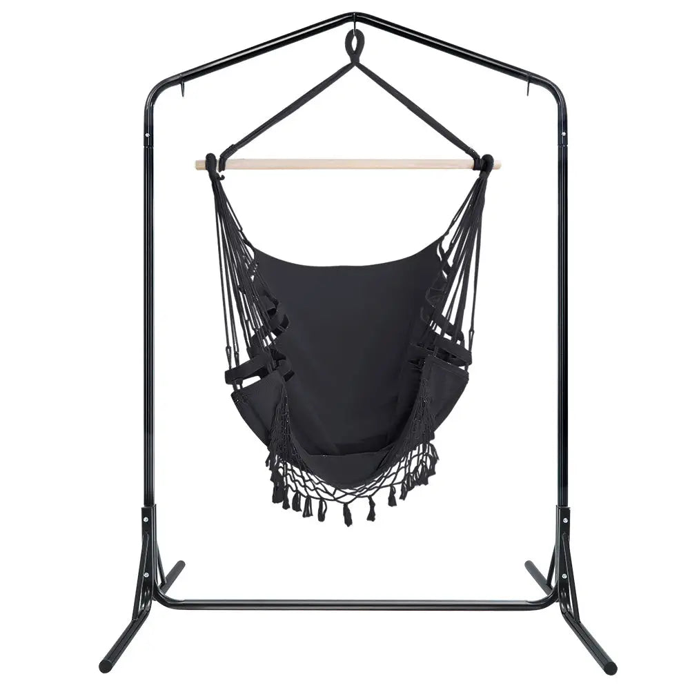 Gardeon Outdoor Hammock Chair with Stand Tassel Hanging Rope Hammocks Grey - Furniture > Outdoor