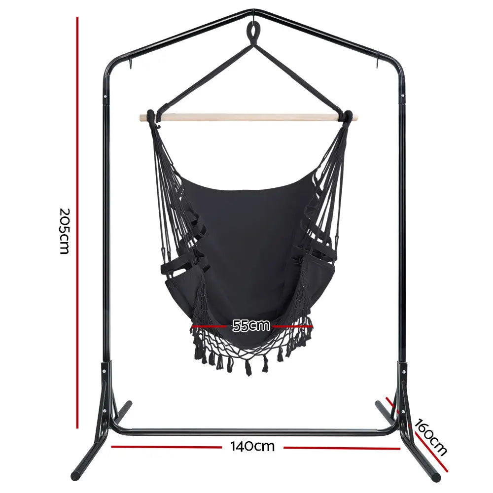 Gardeon Outdoor Hammock Chair with Stand Tassel Hanging Rope Hammocks Grey - Furniture > Outdoor