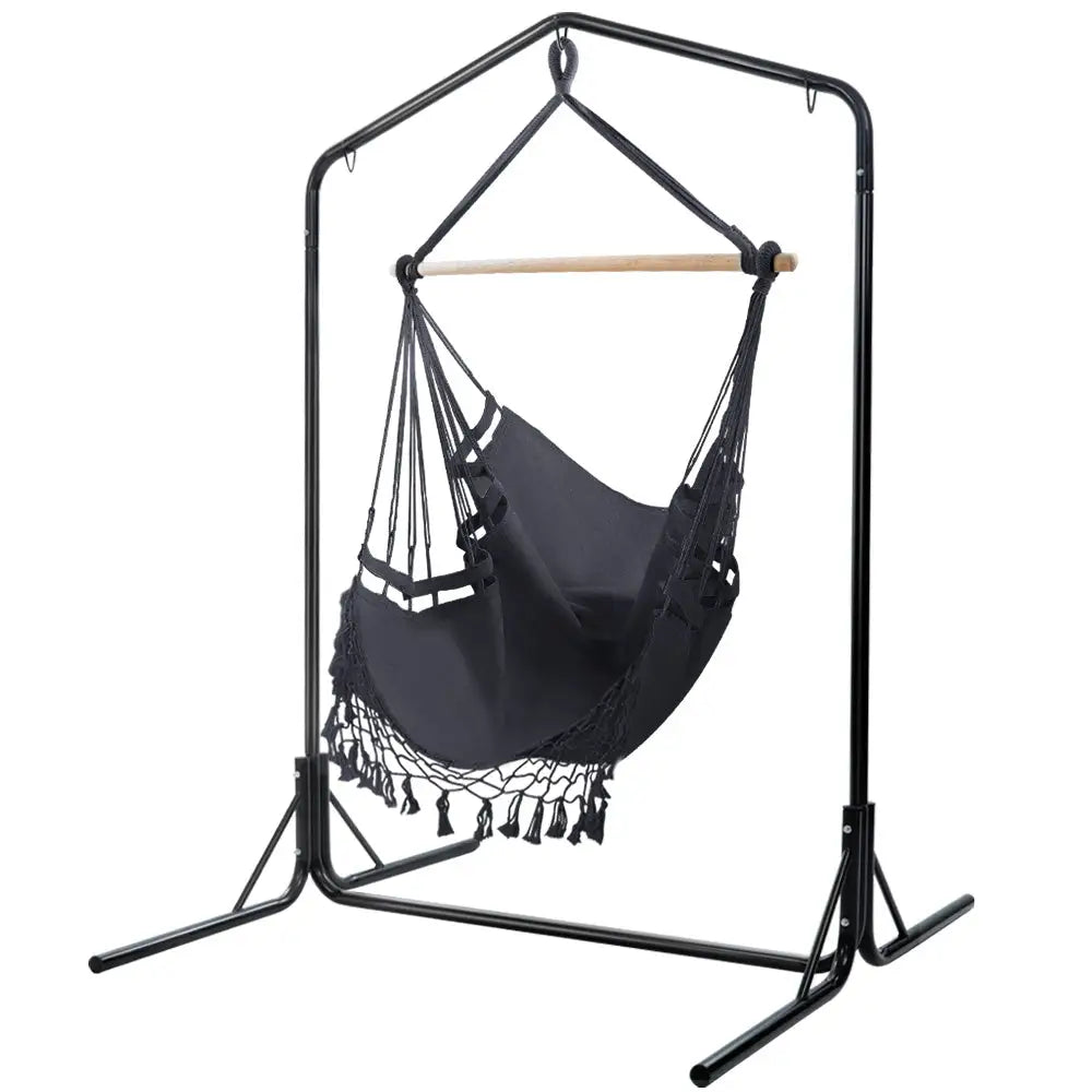 Gardeon Outdoor Hammock Chair with Stand Tassel Hanging Rope Hammocks Grey - Furniture > Outdoor