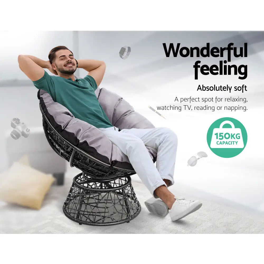 Gardeon Outdoor Lounge Setting Papasan Chair Wicker Table Garden Furniture Black - Furniture > Bar Stools & Chairs