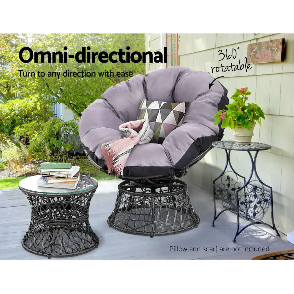 Gardeon Outdoor Lounge Setting Papasan Chair Wicker Table Garden Furniture Black - Furniture > Bar Stools & Chairs