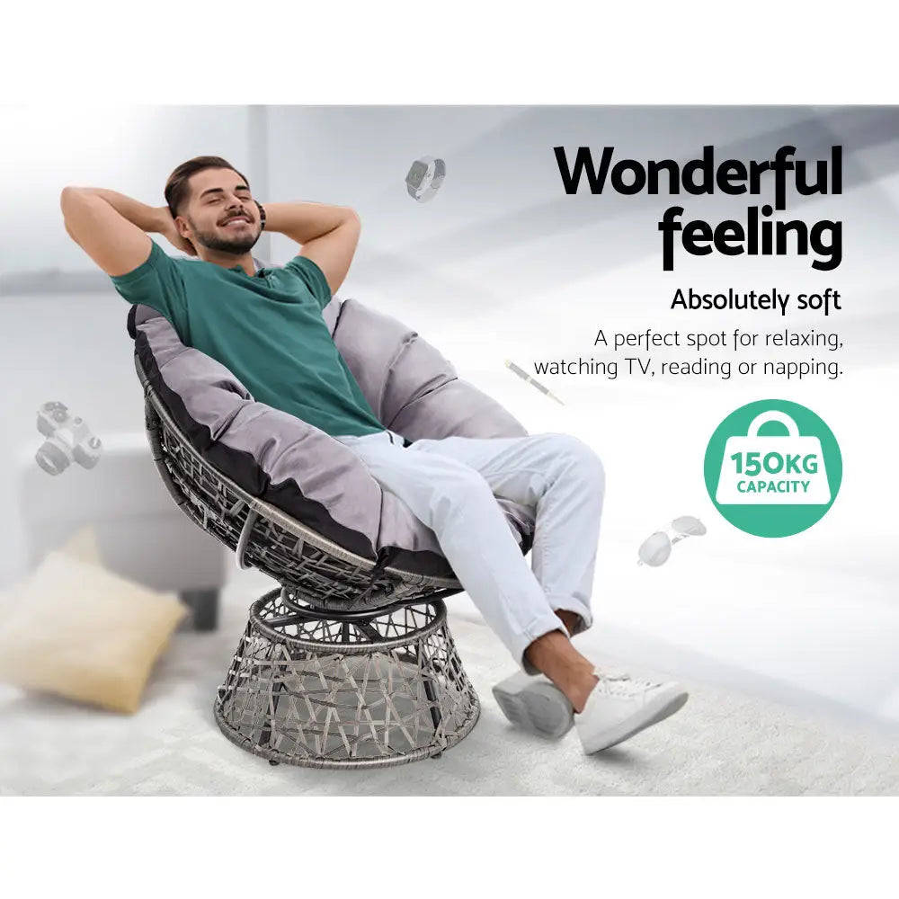 Gardeon Outdoor Lounge Setting Papasan Chair Wicker Table Garden Furniture Grey - Furniture > Bar Stools & Chairs