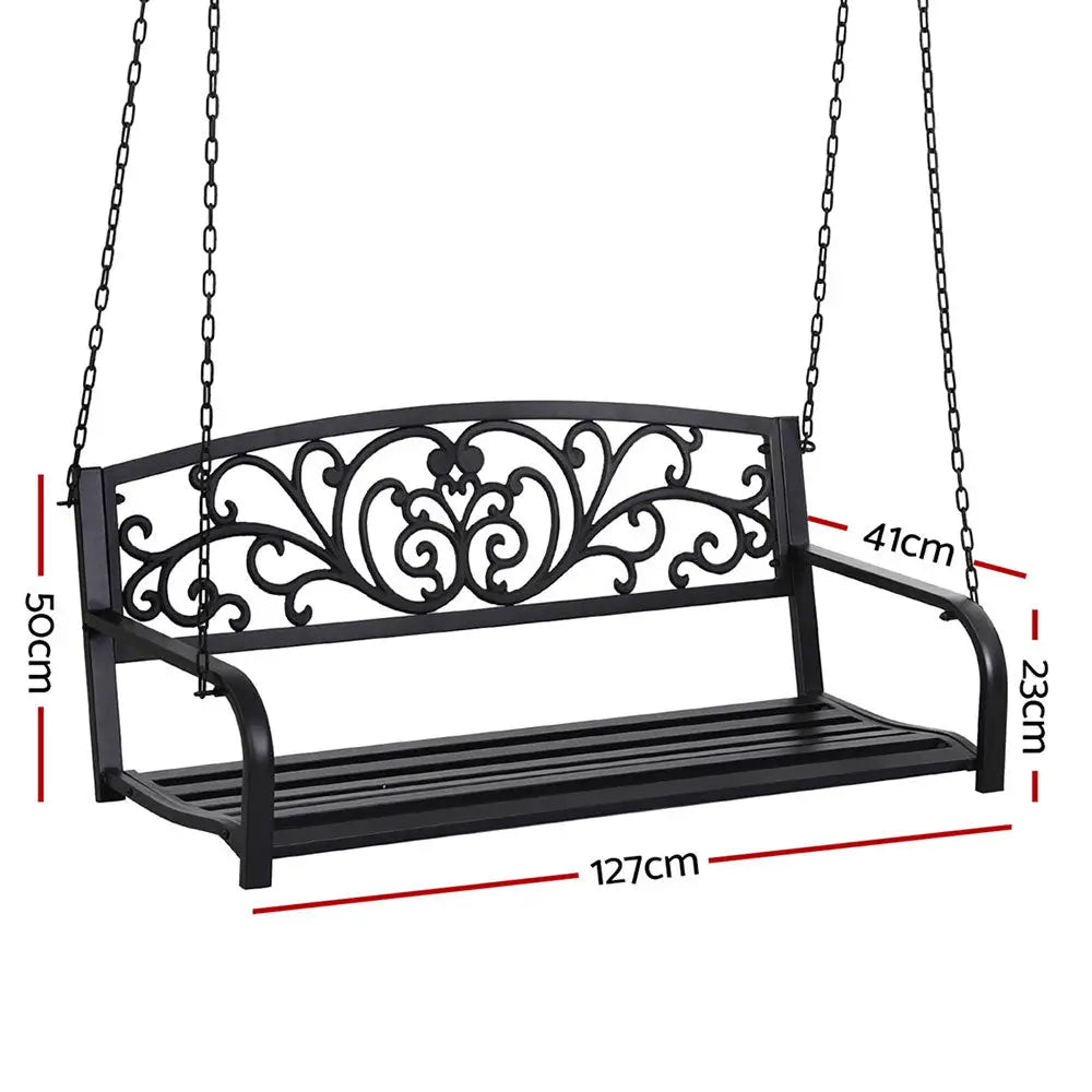Gardeon Outdoor Porch Swing Chair Patio Furniture Floral Backrest 2 Seater Black - Furniture > Outdoor > Outdoor Benches