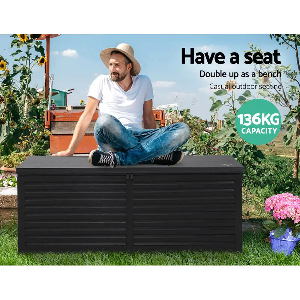 Gardeon Outdoor Storage Box 390L Container Lockable Garden Bench Shed Tools Toy All Black - Home & Garden > Storage
