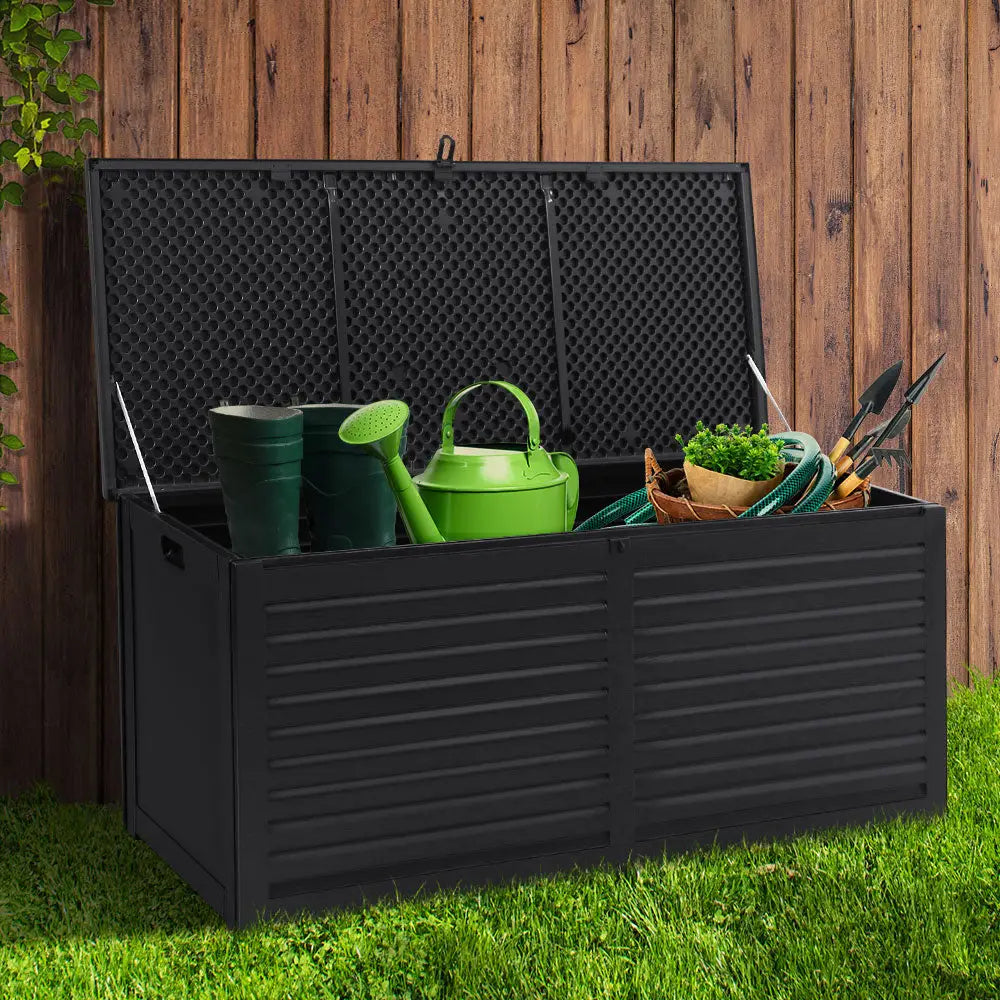 Gardeon Outdoor Storage Box 390L Container Lockable Garden Bench Shed Tools Toy All Black - Home & Garden > Storage