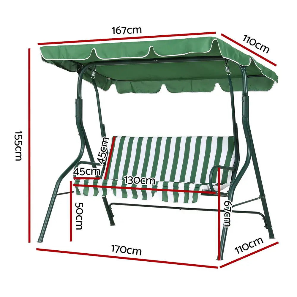 Gardeon Outdoor Swing Chair Garden Bench Furniture Canopy 3 Seater White Green - Furniture > Outdoor > Outdoor Benches