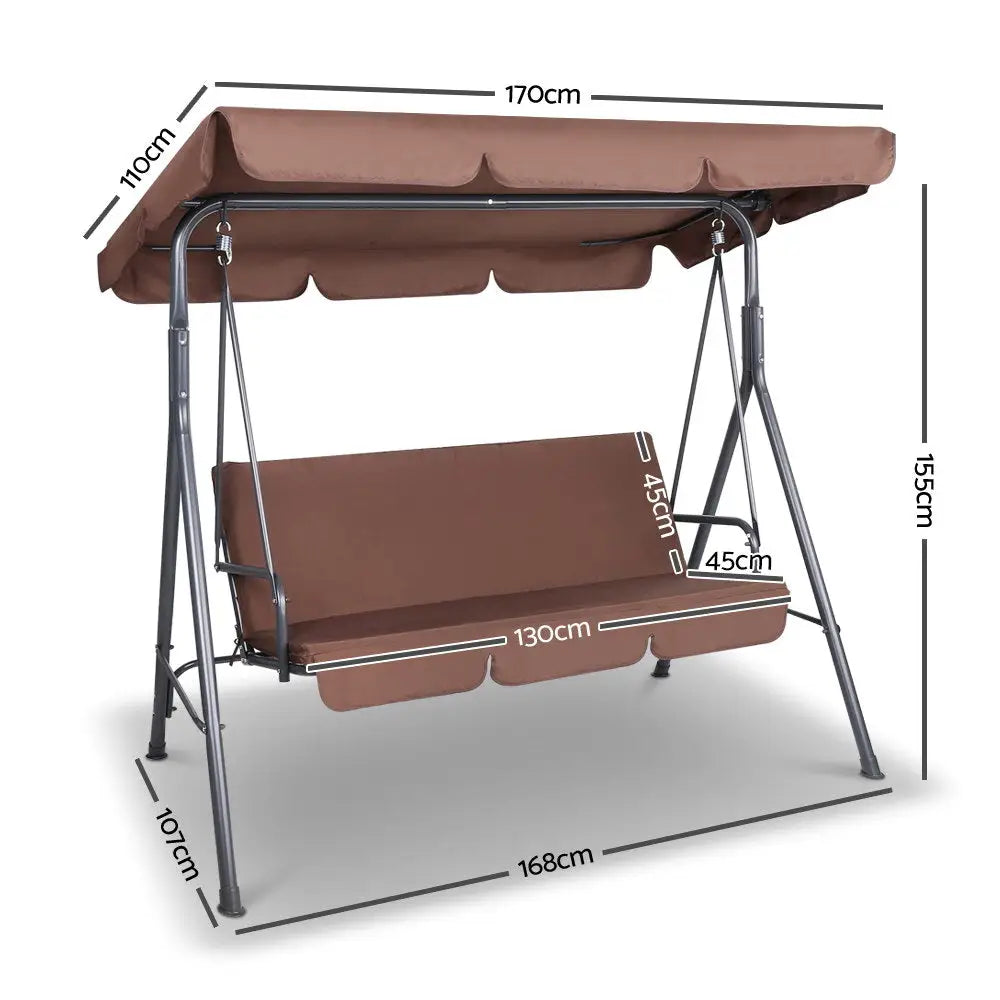 Gardeon Outdoor Swing Chair Garden Bench Furniture Canopy 3 Seater Coffee - Home & Garden > Garden Furniture