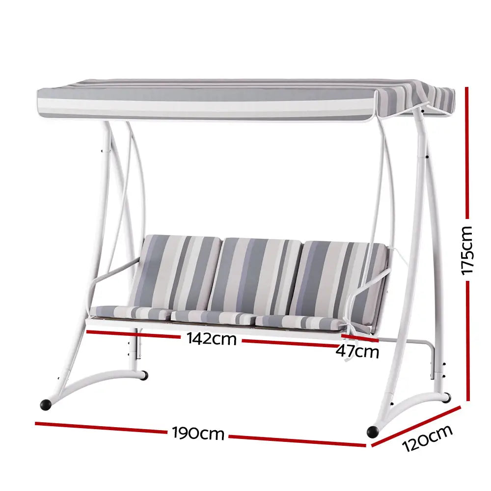 Gardeon Outdoor Swing Chair Garden Bench Furniture Canopy 3 Seater White Grey - Furniture > Outdoor