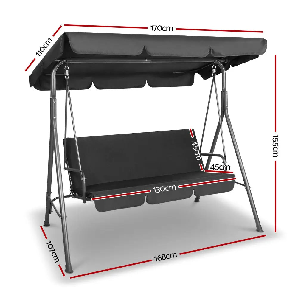 Gardeon Outdoor Swing Chair Garden Bench Furniture Canopy 3 Seater Black - Home & Garden > Garden Furniture