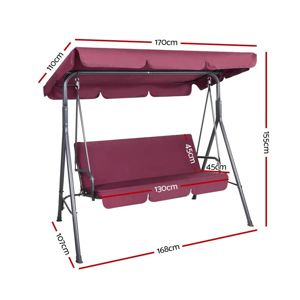 Gardeon Outdoor Swing Chair Garden Bench Furniture Canopy 3 Seater Wine Red - Furniture > Outdoor