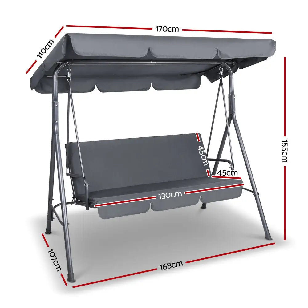 Gardeon Outdoor Swing Chair Garden Bench Furniture Canopy 3 Seater Grey - Furniture > Outdoor