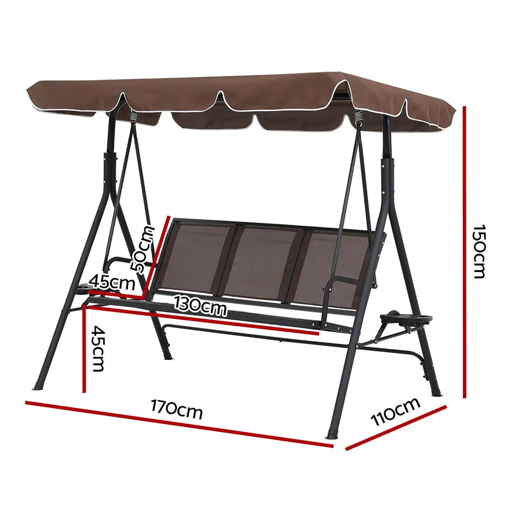Gardeon Outdoor Swing Chair Garden Furniture Canopy Cup Holder 3 Seater Brown - Furniture > Outdoor > Outdoor Chairs