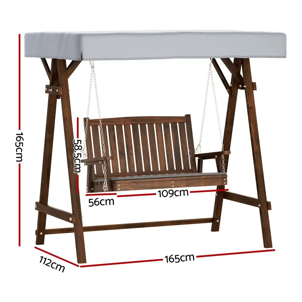 Gardeon Outdoor Wooden Swing Chair Garden Bench Canopy Cushion 2 Seater Charcoal - Furniture > Outdoor