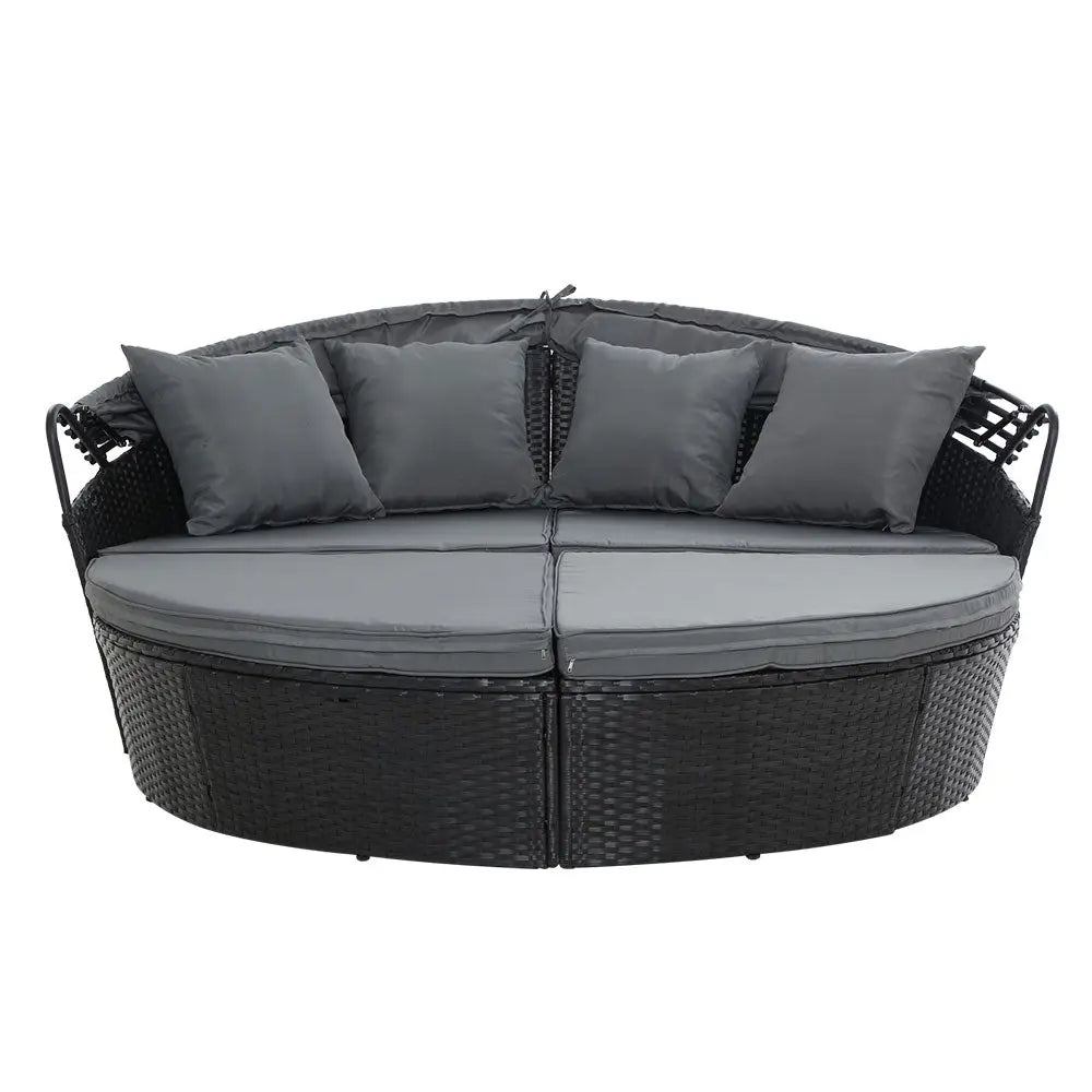 Gardeon Sun Lounge Setting Wicker Lounger Day Bed Outdoor Furniture Patio Black - Furniture > Outdoor