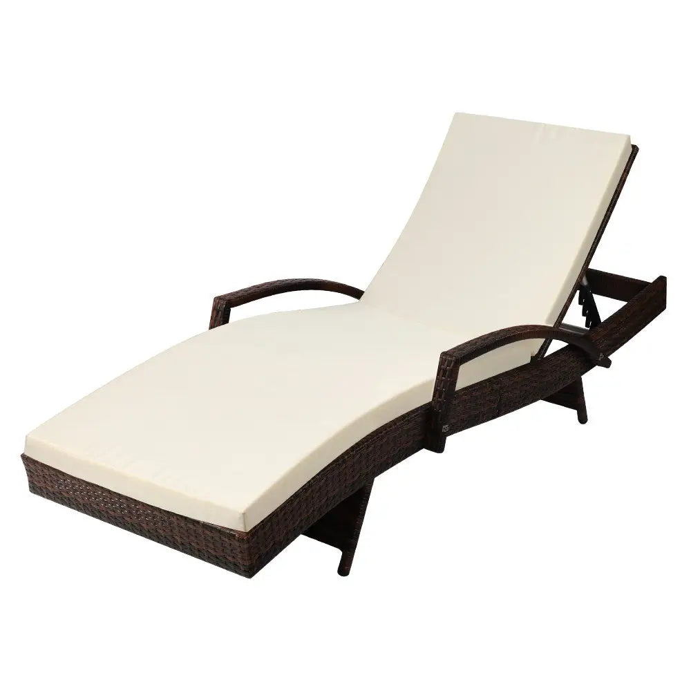 Gardeon Sun Lounge Wicker Lounger Outdoor Furniture Beach Chair Patio Adjustable Cushion Brown - Furniture > Outdoor