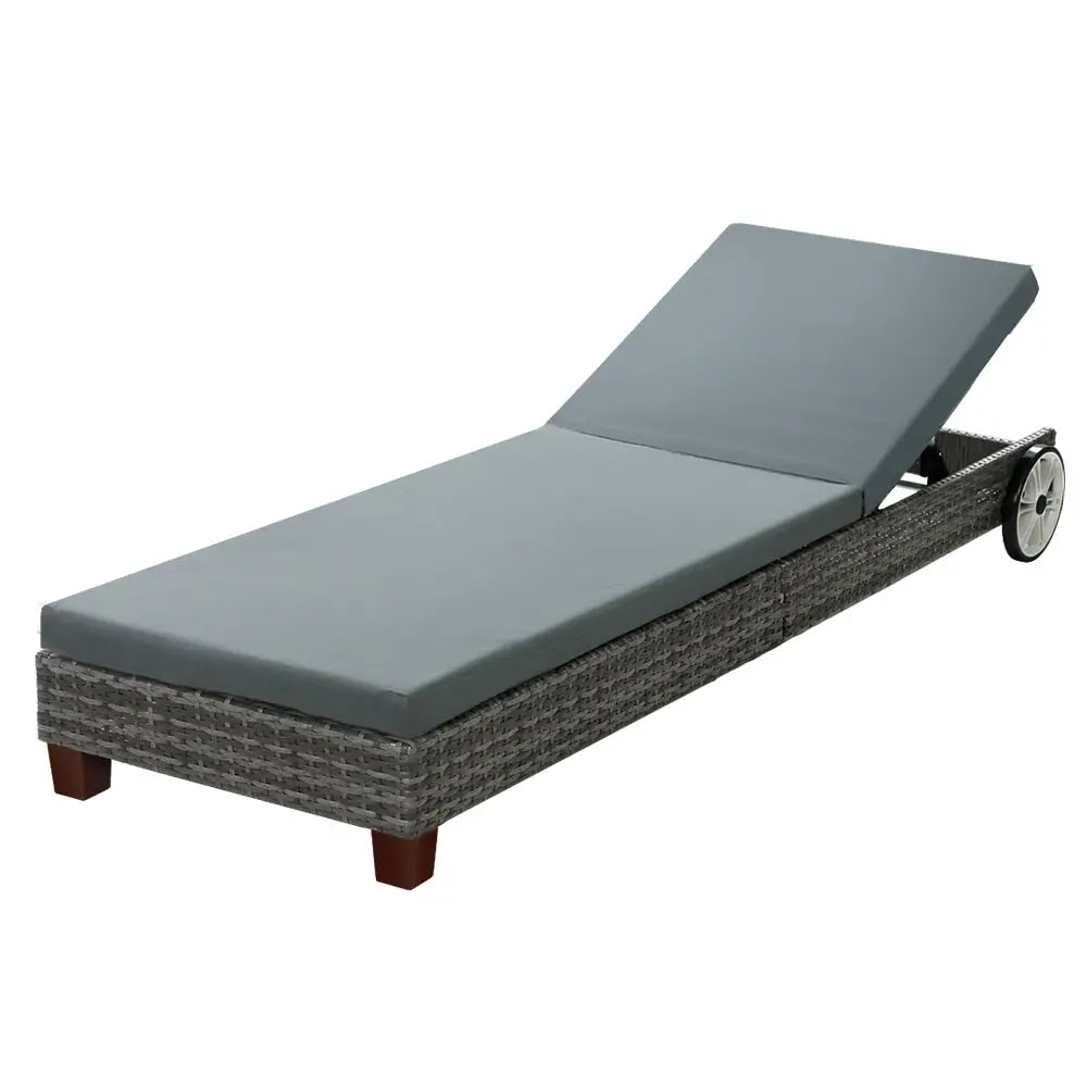 Gardeon Sun Lounge Wicker Lounger Outdoor Furniture Day Bed Wheels Patio Grey - Furniture > Outdoor